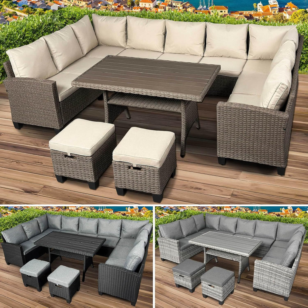 BRAST Gartenmöbel Set Family für bis zu 11 Personen - Outdoor Lounge und Essgruppe mit extra dicken Kissen - TÜV geprüft - Braun Cappuccino