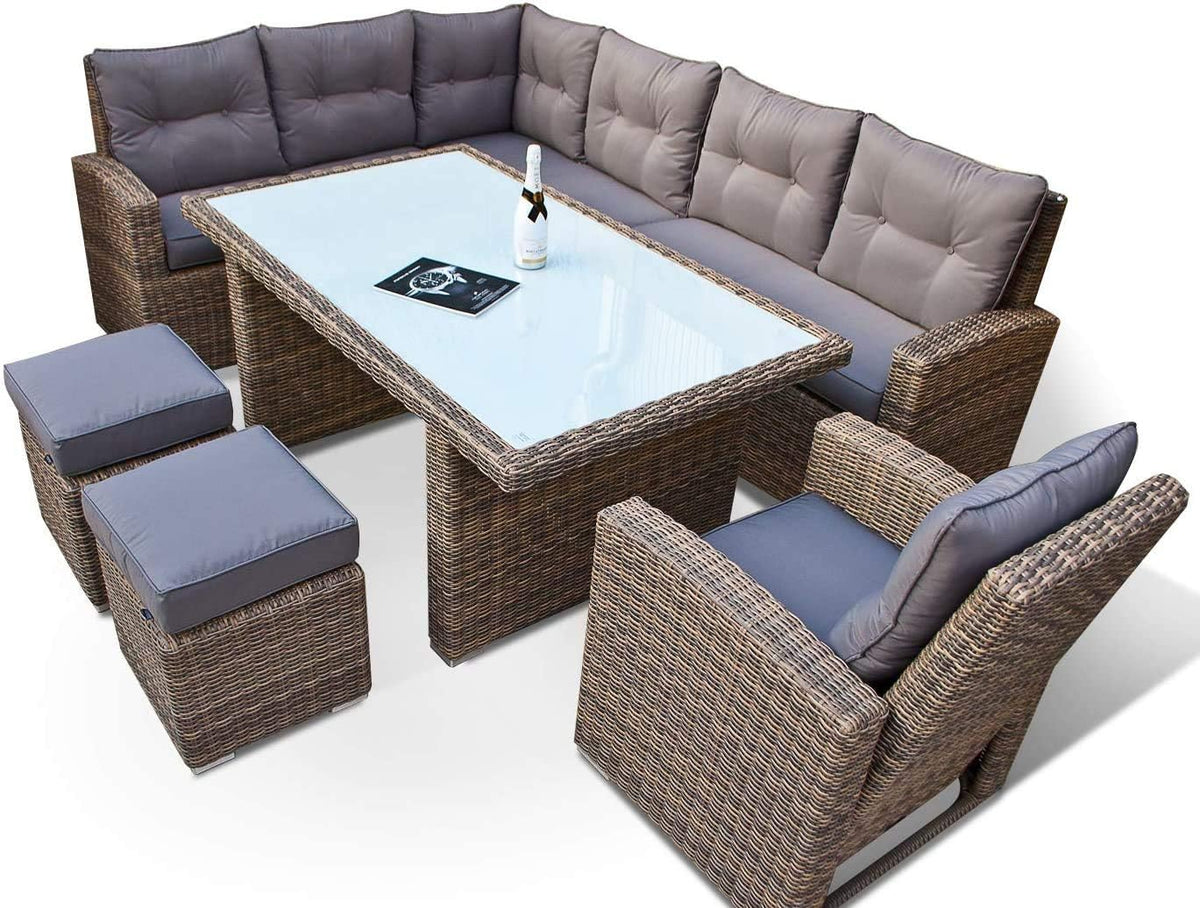 Poly Rattan Dining Lounge extragroß - Gartenmöbel Essgruppe mit Rundrattan Optik - Deutsche Herstellung mit 8 Jahren Garantie - Grau Naturfarben