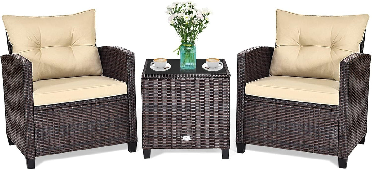 GIANTEX Rattan Gartenmöbel Set - 3 teiliges Balkonmöbel Lounge Set für 2 Personen - 2 Sessel mit Sitz und Rückenkissen - Gartentisch und Sessel Beige