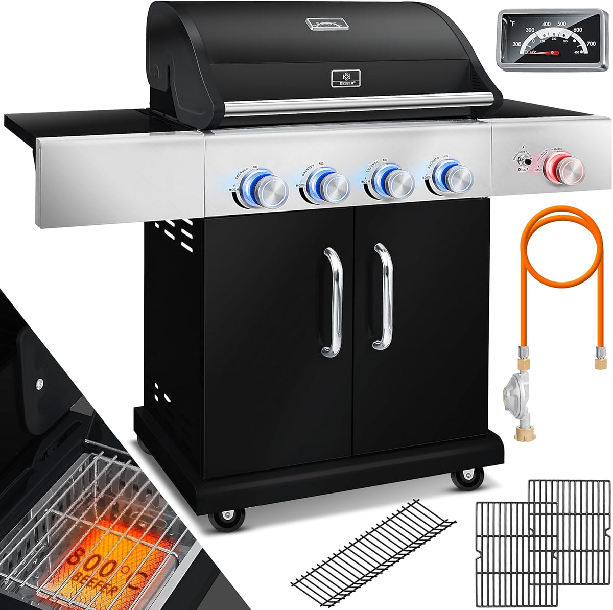 KESSER Gasgrill 4 Brenner - Edelstahl Grillwagen mit Infrarot Keramik Seitenbrenner - Gusseisen Grillrost 66 cm und Thermometer