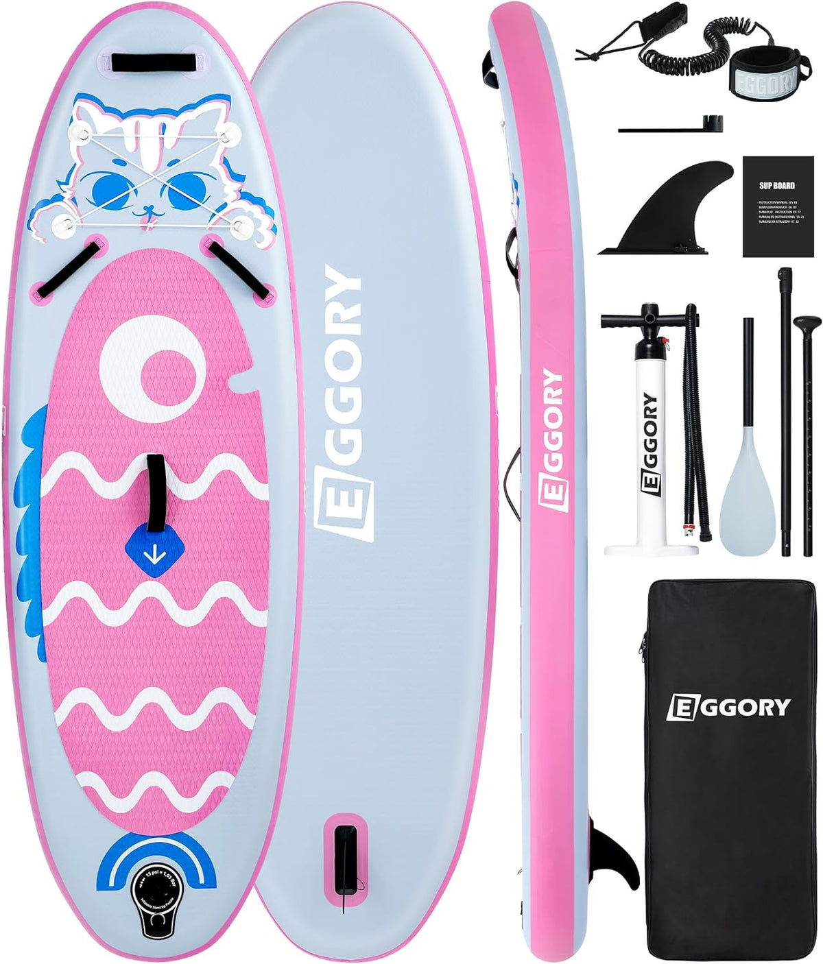 Aufblasbares SUP Board Extra Breit - Stand Up Paddle Board aus PVC - Abnehmbare Finne und schwimmendes Paddel - Handpumpe und Reiseausstattung Cat Pink