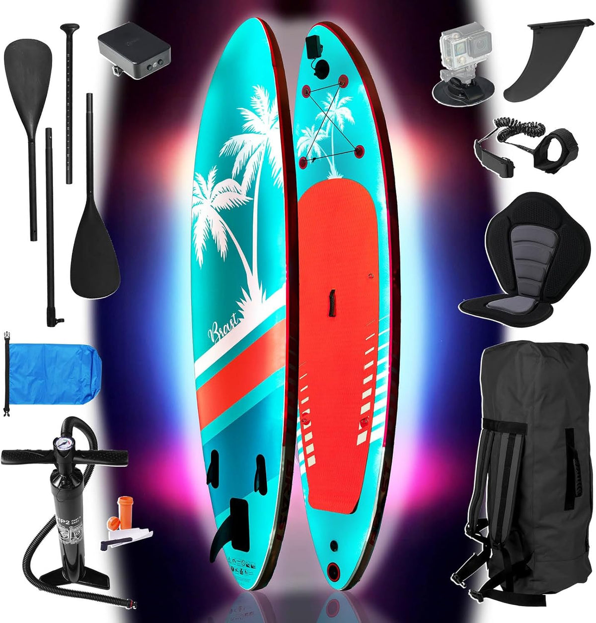 Stand Up Paddle Board 320 x 81 x 15 cm - aufblasbares SUP aus PVC in Blau - LED Beleuchtung mit 10 Farben - 2 in 1 Paddel Kajaksitz und Zubehör