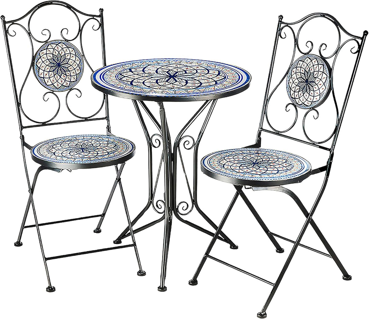 Kobolo Gartenmöbel Sitzgruppe 3 teilig - Metall Tisch und 2 Stühle in Mosaikoptik - Balkon Set für Garten und Terrasse - Blau Weiß