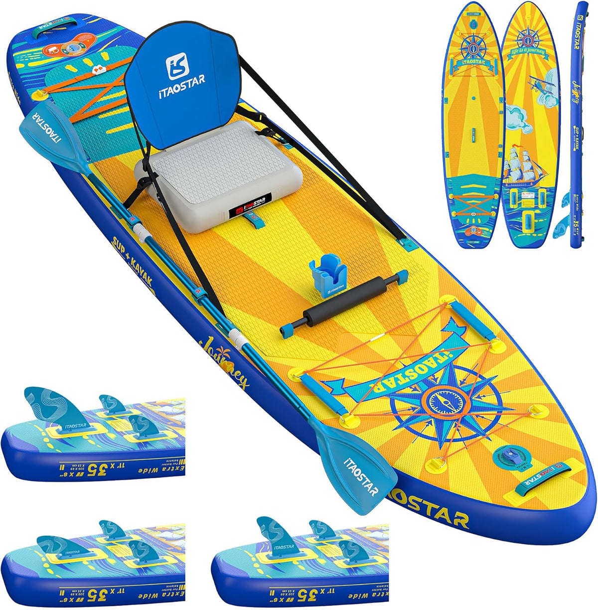 Stand Up Paddle Board extra breit - aufblasbares SUP aus PVC und EVA in Gelb Blau - mit Sitz für Anfänger und Yoga - Allround Set mit komplettem Zubehör