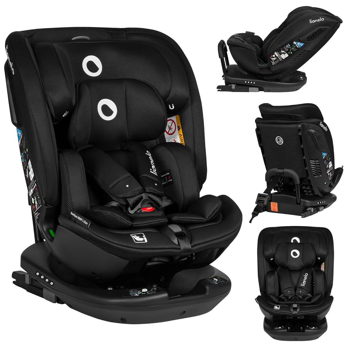 Lionelo Bastiaan RWF i Size Kindersitz 40 bis 150 cm - 360 Grad drehbar für rückwärts und vorwärts - ISOFIX und TopTether - 15 Höhenpositionen Schwarz