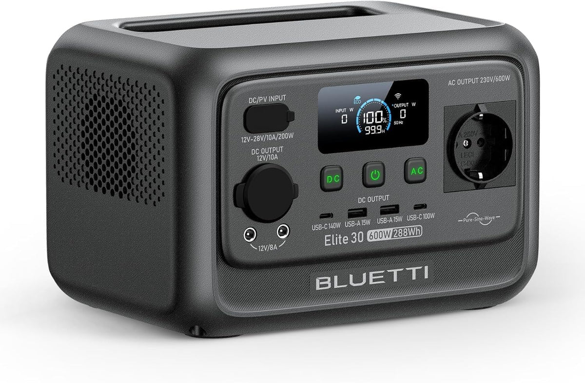 BLUETTI Elite 30 V2 Powerstation 288 Wh - 600 Watt AC Ausgang Power Lifting bis 1500 Watt - LFP Batterie Schnellladung 70 Minuten - Schwarz
