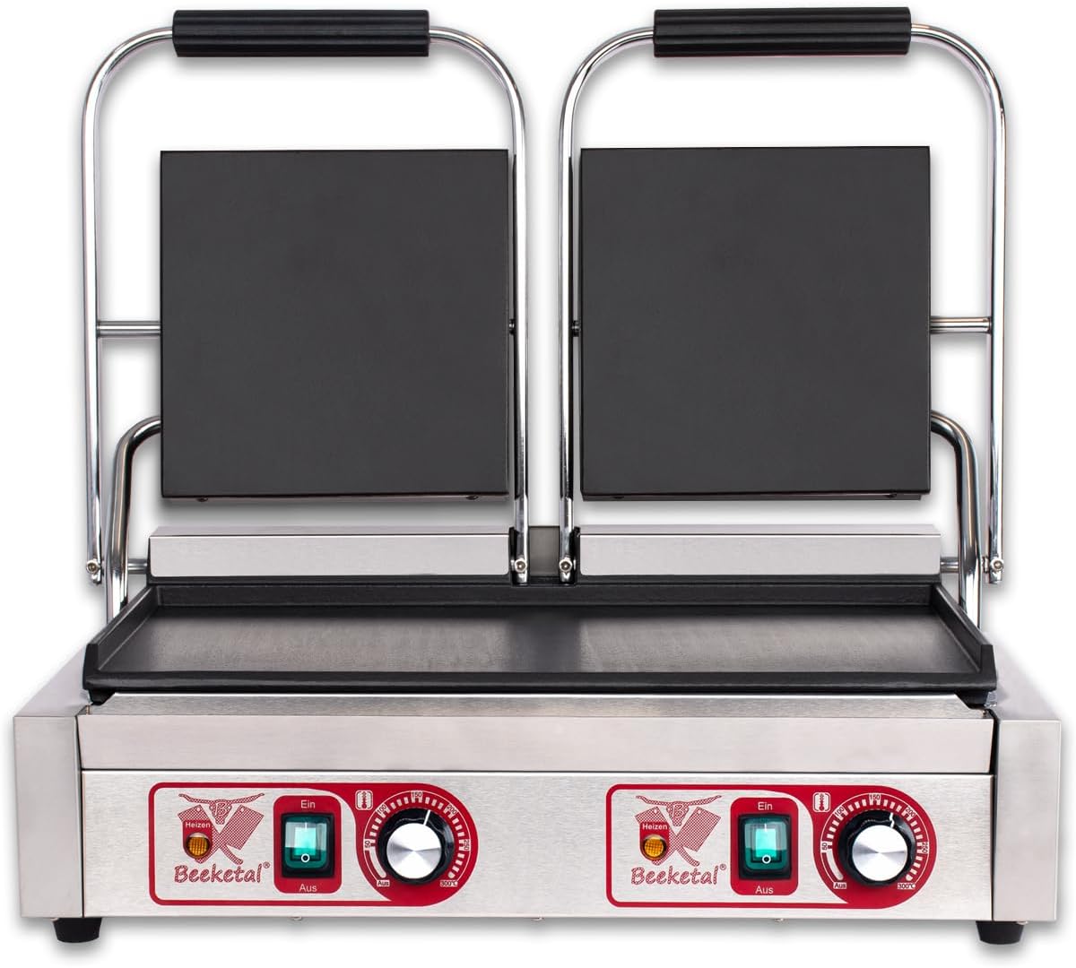 Beeketal BKG9 Gastro Doppel Kontaktgrill 3600 W - Gusseisenplatten oben und unten glatt - Temperatursteuerung für Panini und Sandwiches - Edelstahl mit Fettauffangschale