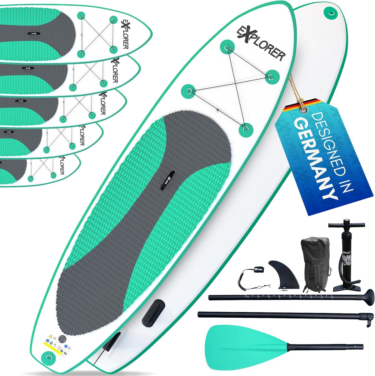 EXPLORER Wave SUP Board 244 bis 335 cm - Stand Up Paddle für Kinder und Erwachsene - Bis 160 kg mit Paddel Pumpe und Finne - Rucksack und Flickenset Türkis Weiß