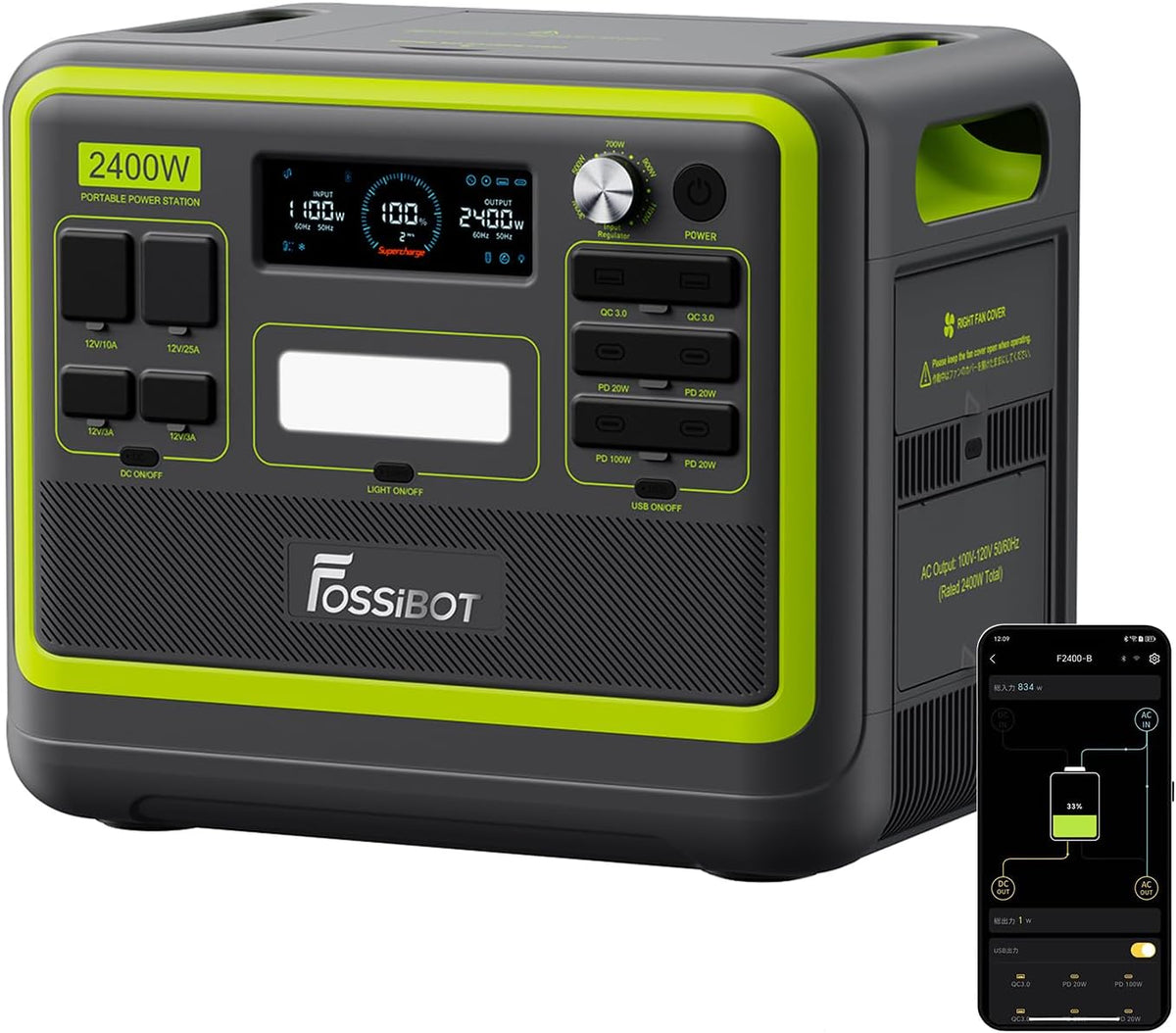 FOSSiBOT F2400 Powerstation - 2048 Wh LiFePO4 Batterie mit 2400 W Leistung - 4800 W Spitzenleistung und 3 AC Ausgänge - Für Camping Wohnmobil Zuhause