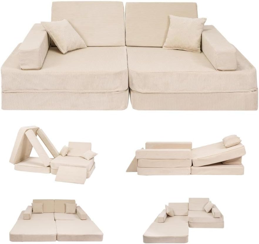 Angelove Kindersofa aus Kordsamt für 2 Kinder - Kinderpolstermöbel für Kinderzimmer - Konvertible Kindercouch ohne Montage - Beige
