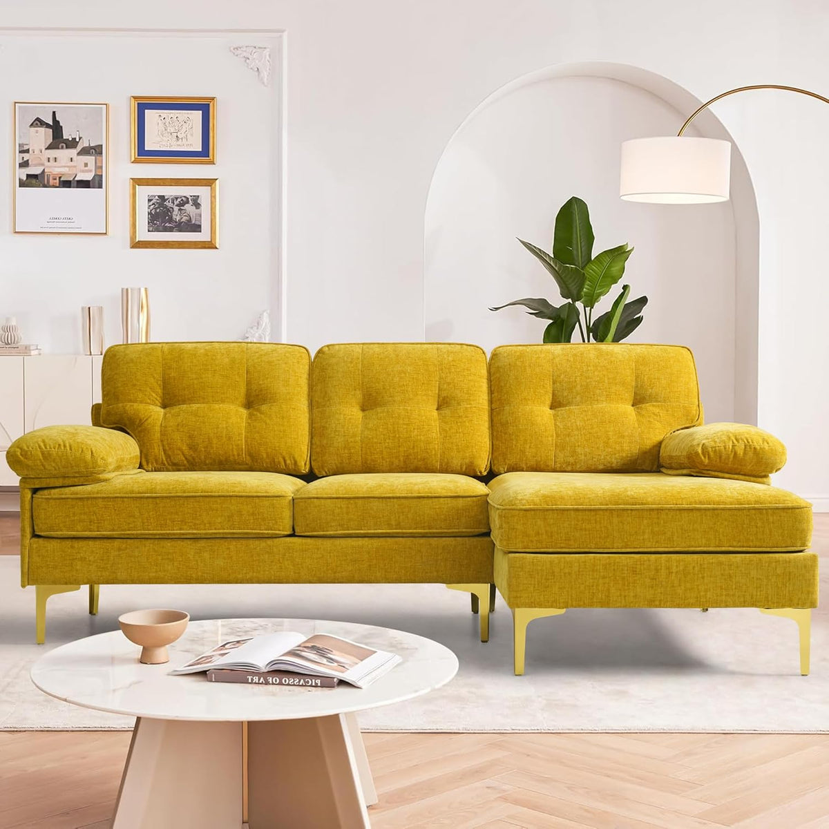 Ecksofa 3 Sitzer 210 cm mit Federkern - L Form Couch mit abnehmbaren waschbaren Kissen und Rückenlehnen - Chaiselongue beidseitig montierbar - Gelb