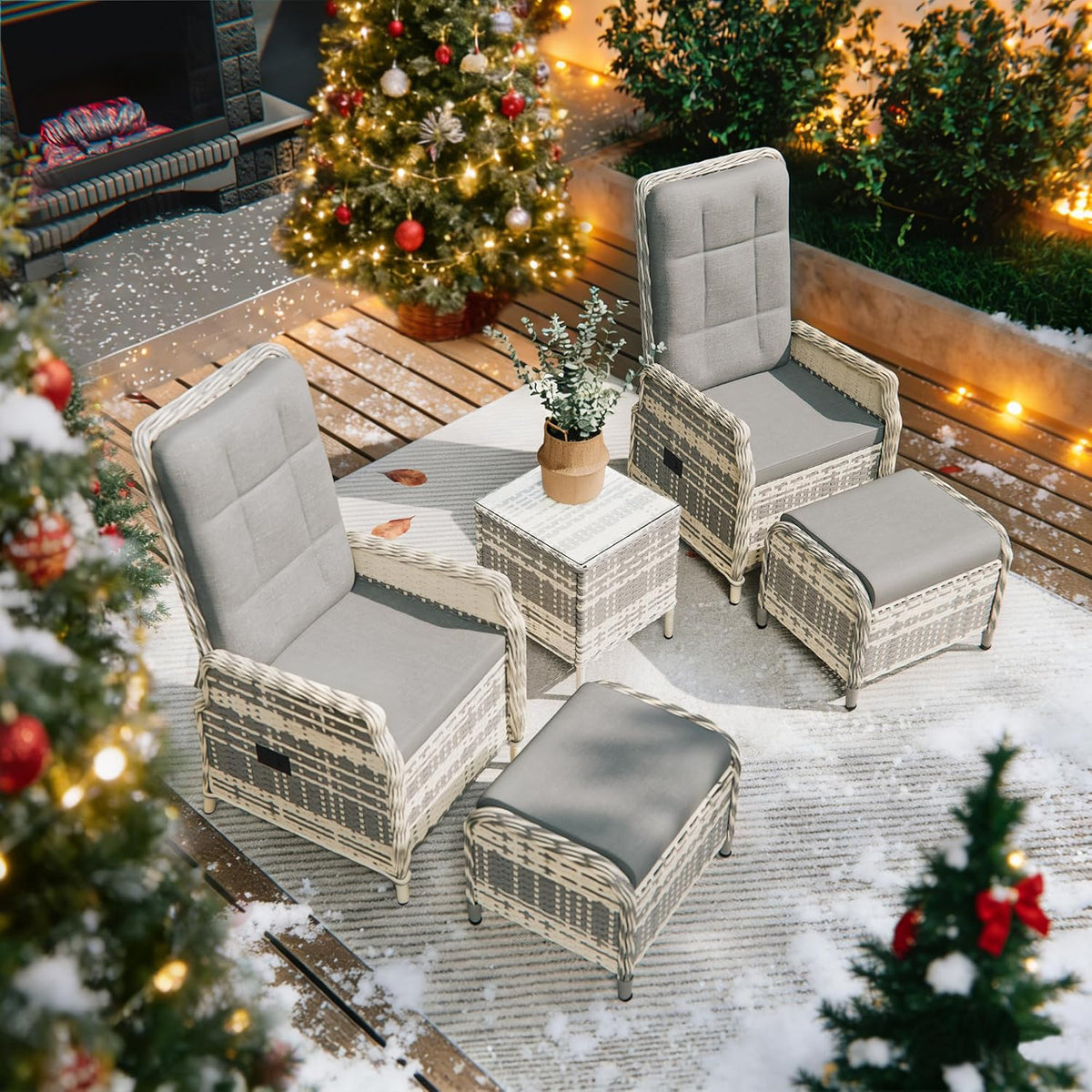 Gotland Rattan Gartenmöbel Set 5 teilig - Verstellbarer 2 Sitzer mit 118 Grad Rückenlehne und Fußhocker - Outdoor Lounge mit Polstern und Glastisch - Grau