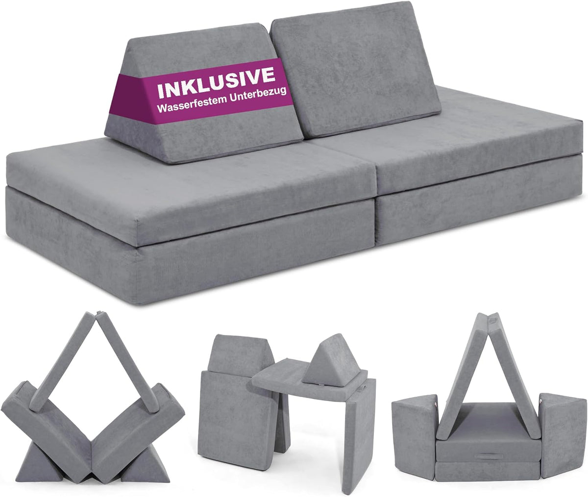 Linodino Spielsofa Kindersofa aus Schaumstoff - Oeko TEX 100 zertifizierte Softbausteine - Kindercouch und Kuschelecke für Kinderzimmer - Delfingrau