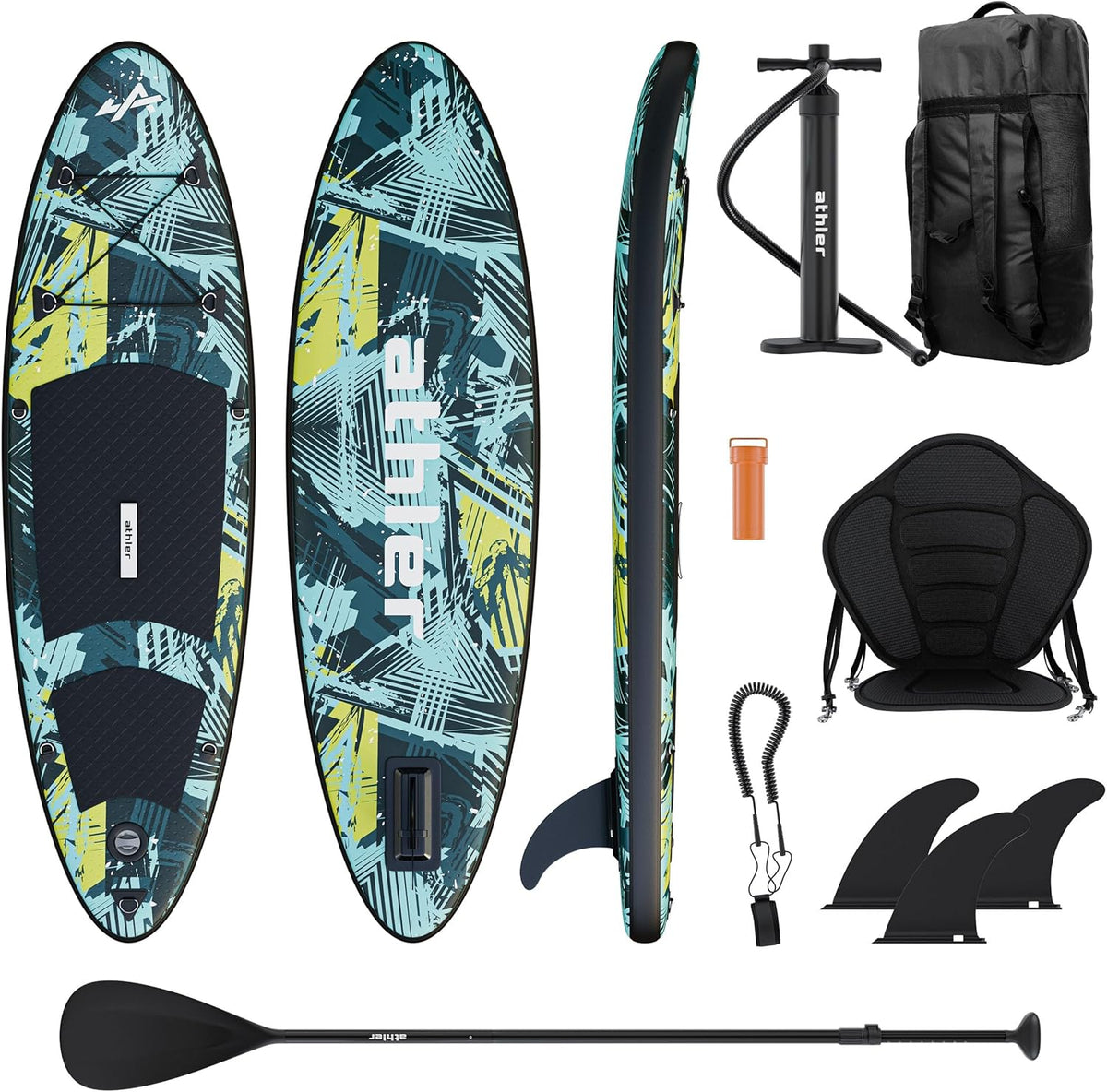 Athler Splash 50 Jugend SUP Board - Aufblasbares Stand Up Paddle Board mit Sitz und Zubehör - Kajak Funktion Komplettset mit Paddel Pumpe Leash und Finnen