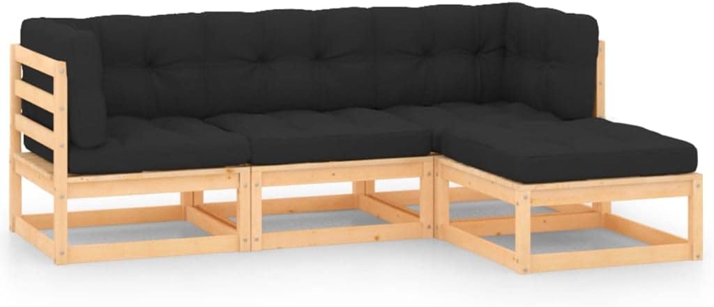vidaXL Garten Lounge Set - 4 teilig aus massivem Kiefernholz - Modulares Sofa mit Kissen Natur Anthrazit - Rustikale Sitzgruppe für Garten Terrasse Balkon