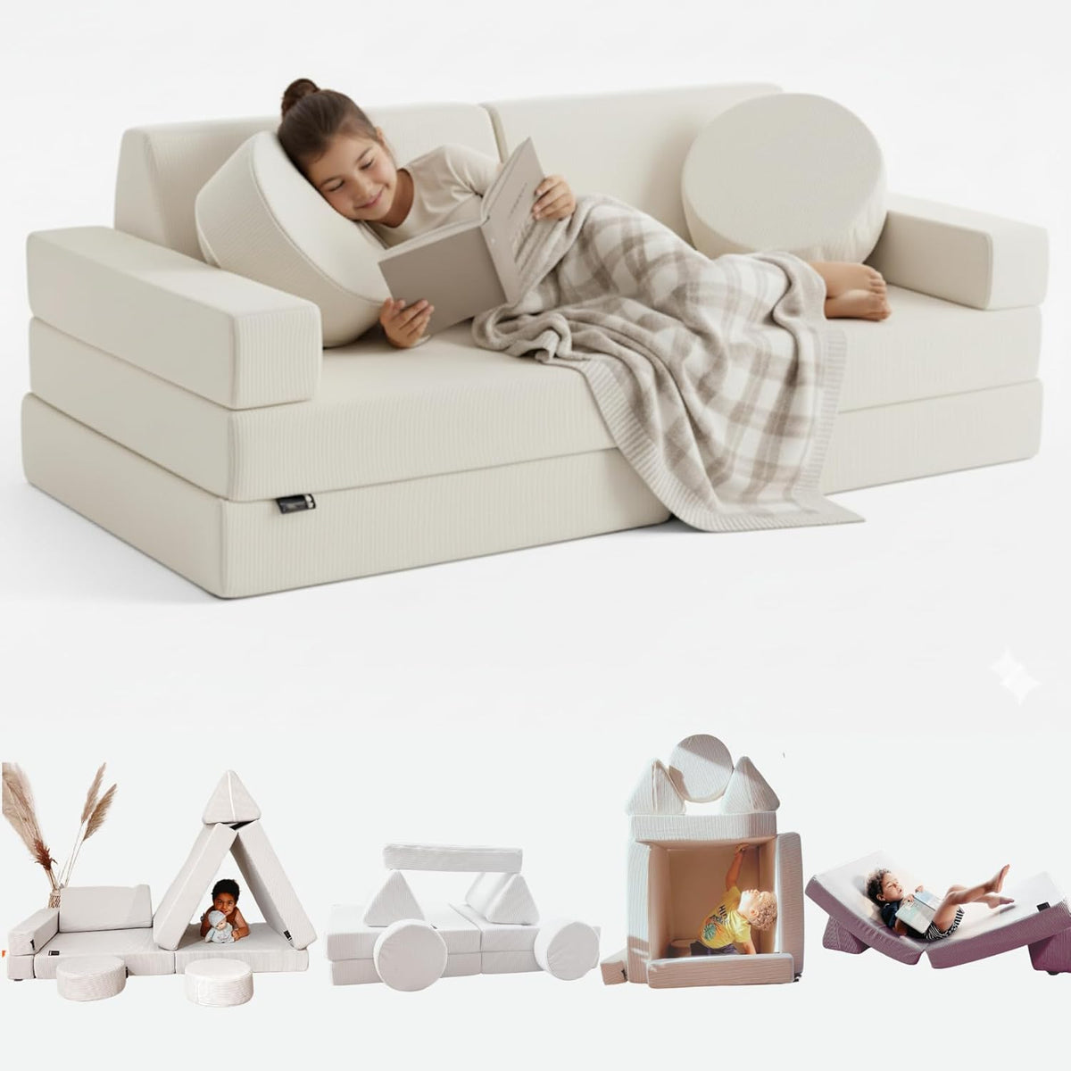 Kindersofa Schlafsofa - 140 x 70 x 50 cm für 2 Kinder - Ausklappbar als Sessel Bodenmatratze Spielplatz - Cremeweiß modernes Spielsofa