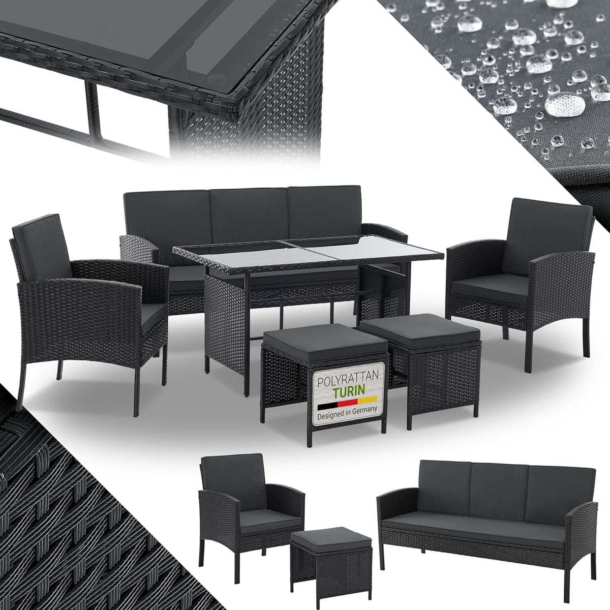 Juskys Turin Polyrattan Gartenmöbel Set - 6 teilige Sitzgruppe für 7 Personen - Loungemöbel mit Sessel Hocker Tisch und Kissen - Outdoor Möbel Schwarz
