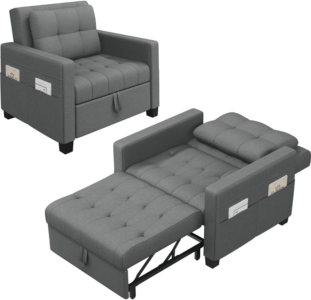 Yaheetech Schlafsessel 3 in 1 - 92,5 x 91,5 x 90 cm mit Seitentasche - Ausziehbar mit Liegefläche 190 x 71,5 cm - Hellgrau für kleine Räume
