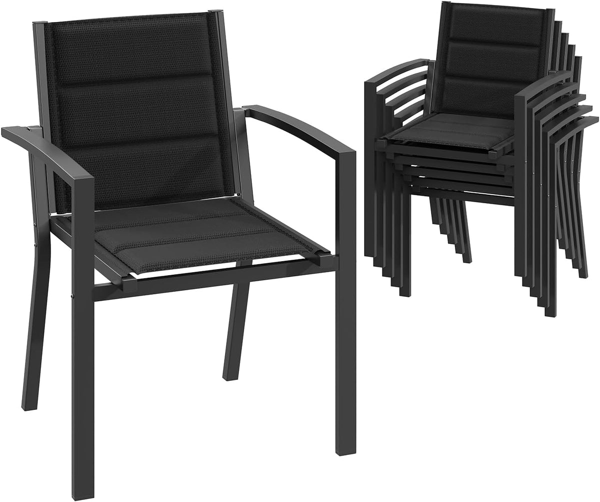 JUMMICO Garten Stapelstühle Set - 6 Stück mit Armlehnen - Aluminium 48,5 x 60 x 82,5 cm - Dunkelgrau mit Baumwollsitz für Außenbereich