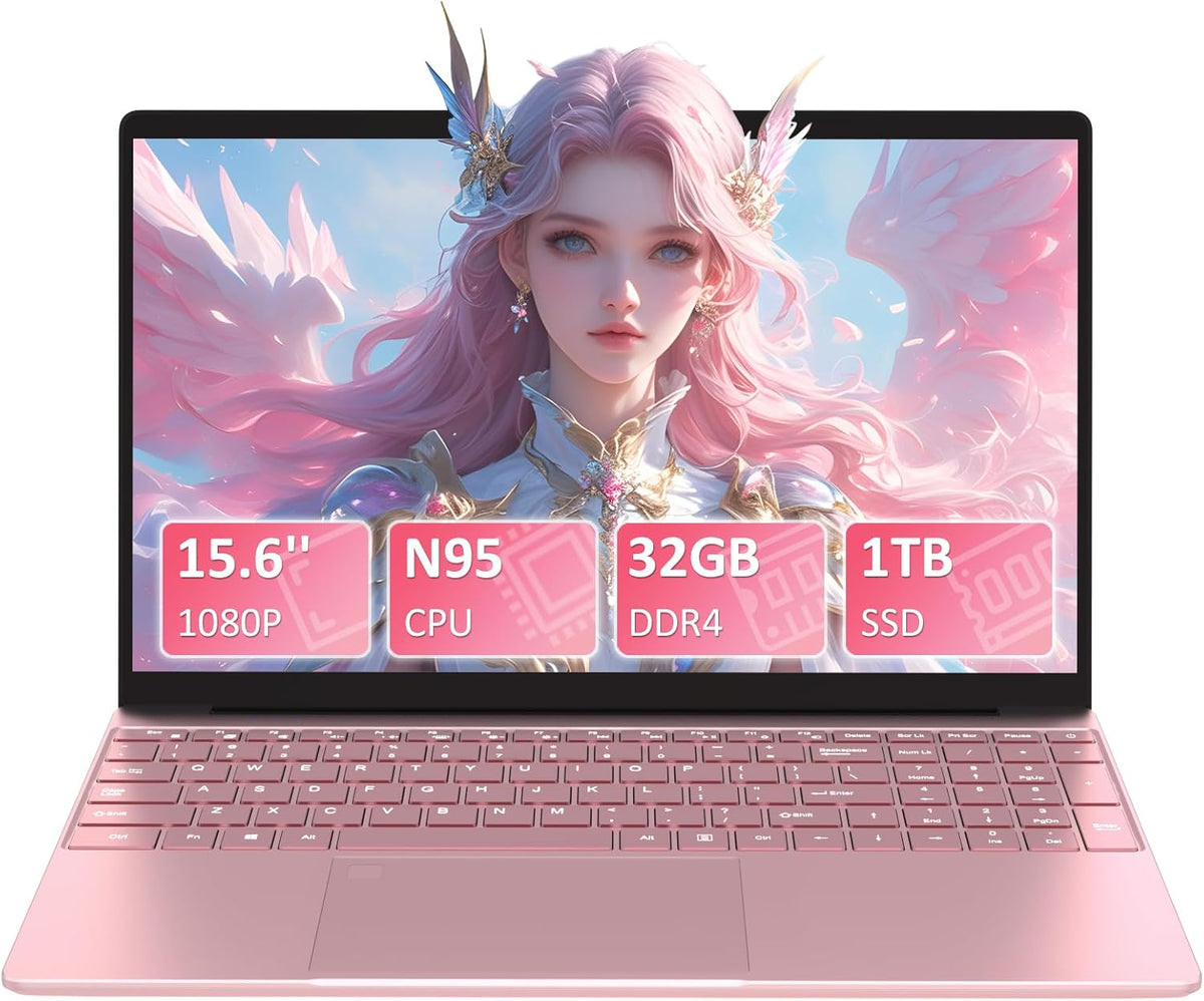 15,6 Zoll Full HD Laptop - Quad Core Intel N95 bis 3,4 GHz - 32 GB DDR4 RAM und 1 TB SSD - Fingerabdruck Webcam Windows 11 Pro Rosa