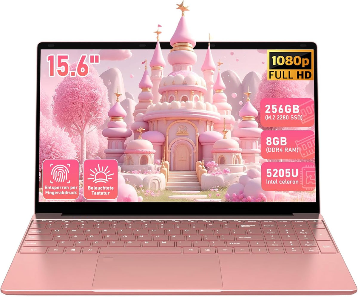 15,6 Zoll Notebook - Full HD IPS Display - Intel Celeron 5205U 8 GB RAM - 256 GB SSD Windows 11 Fingerabdruck Tastaturbeleuchtung Rosegold