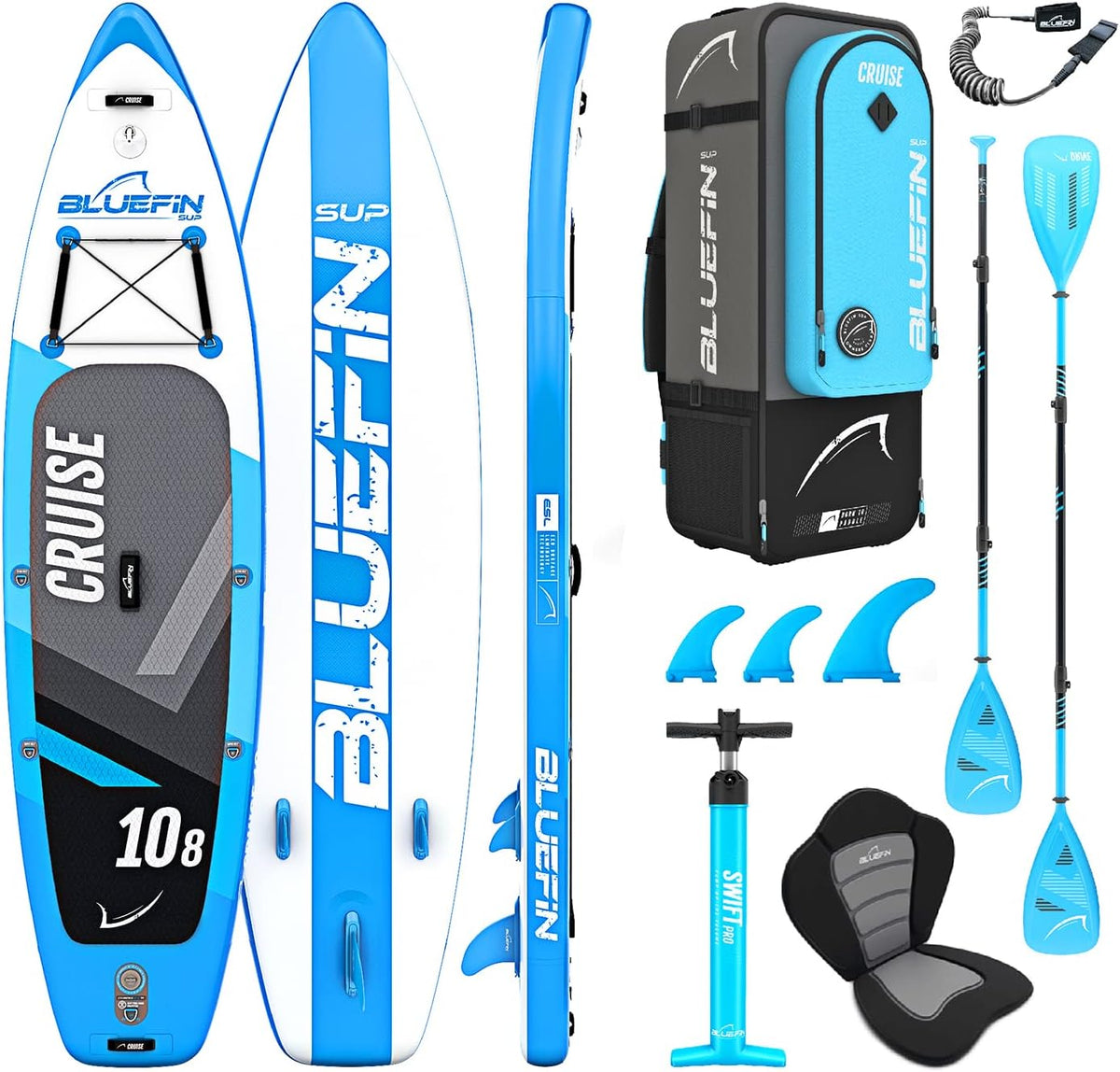 Bluefin Cruise Premium SUP Set - Aufblasbares Stand Up Paddle Board für Erwachsene - Komplett Paket mit Rucksack Fiberglas Paddel und Pumpe