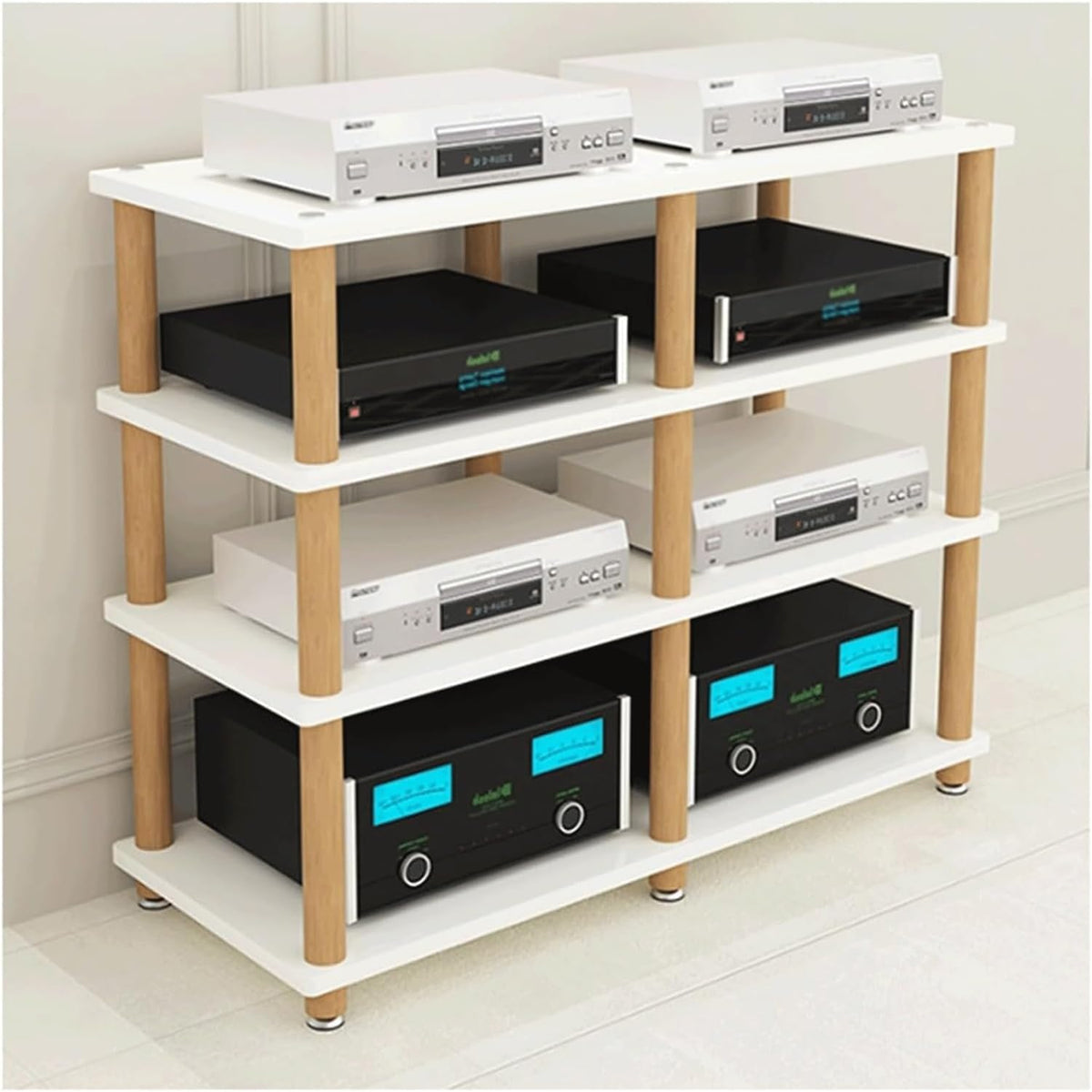 Modernes Audio Rack - 4 Ebenen doppelt breit - Holzschrank für HiFi und AV Geräte - Weißer Medienständer für Heimstereo und Heimkino