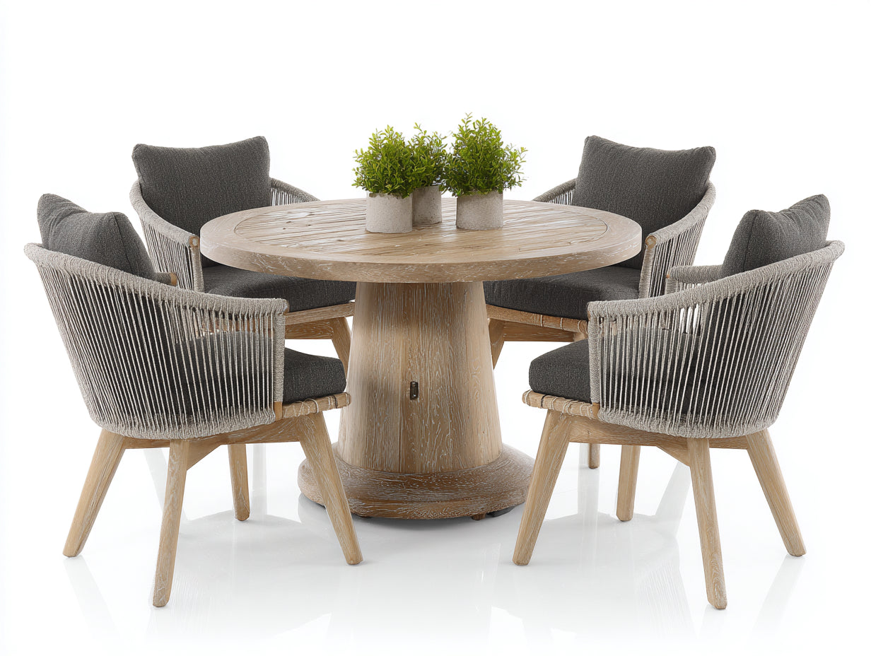Garten Essgarnituren aus Holz mit Seilgeflecht 120 x 120 x 76 cm - Natur und Dunkelgrau - Runde Essgruppe für 4 Personen