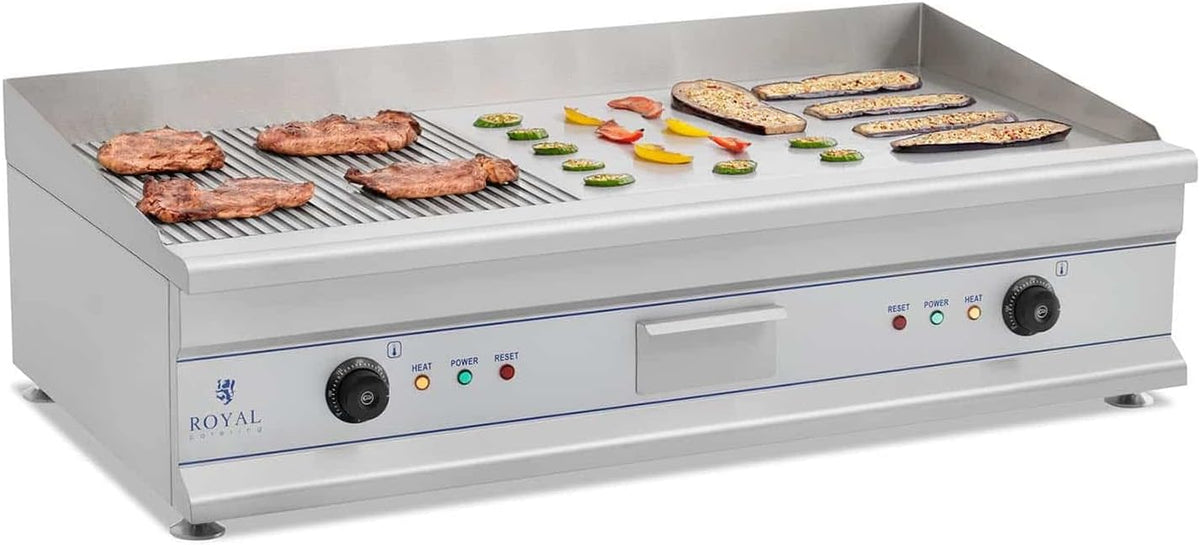 Elektrische Grillplatte 100 x 40 x 28 cm - 6400 Watt Gesamtleistung bei 230 Volt - geriffelte und glatte Grillfläche - Spritzschutz und Ablaufvorrichtung
