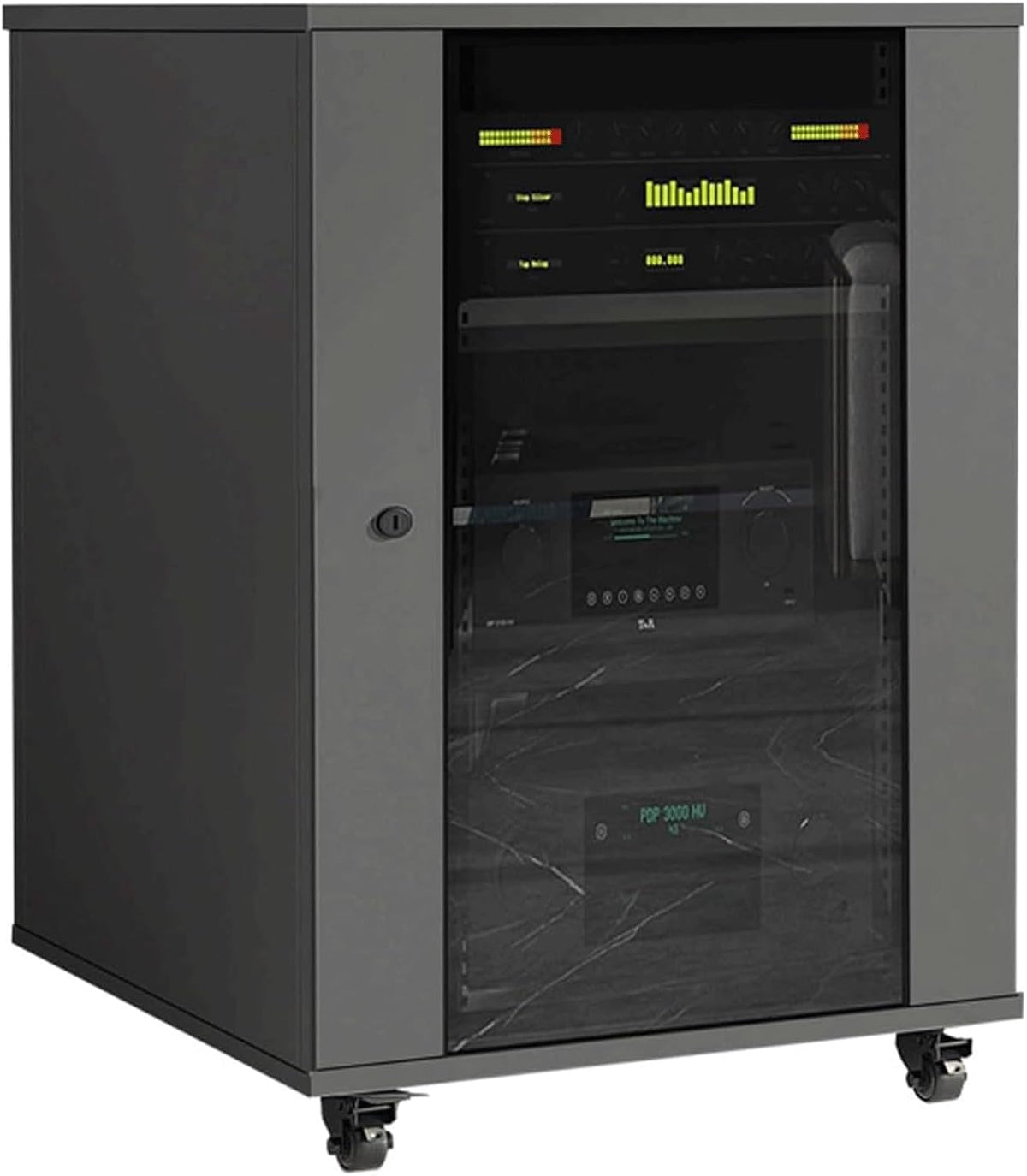 Verstellbares Audio Rack - 83 x 57 x 56 cm mit Glastür - Grauer AV Medienständer mit Rollen - Geräteaufbewahrung für Heimkino und Unterhaltung