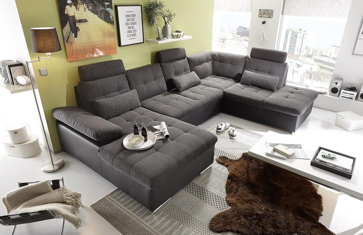 Stella Trading JAKARTA Wohnlandschaft U Form 324 cm - 6 Sitzer Schlafsofa mit Bettkasten - Ausziehbares Sofa Stoffbezug - Schwarz Lava
