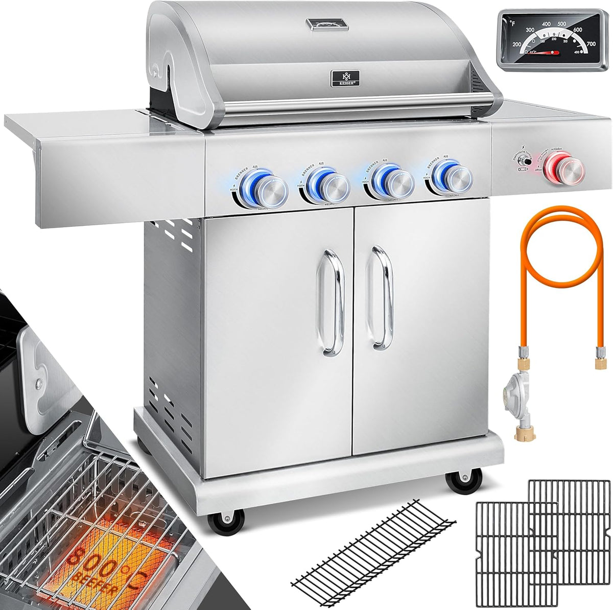 KESSER Gasgrill mit 4 Brennern - BBQ Grillwagen mit Infrarot Keramik Seitenbrenner - Gusseisen Grillrost 66 cm mit Piezo Zündung und Thermometer