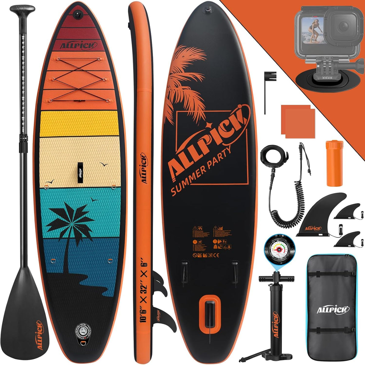 ALLPICK Premium SUP Board Set - Aufblasbares Stand Up Paddle Board mit Zubehör - Verstellbares Paddel und Kamerahalterung