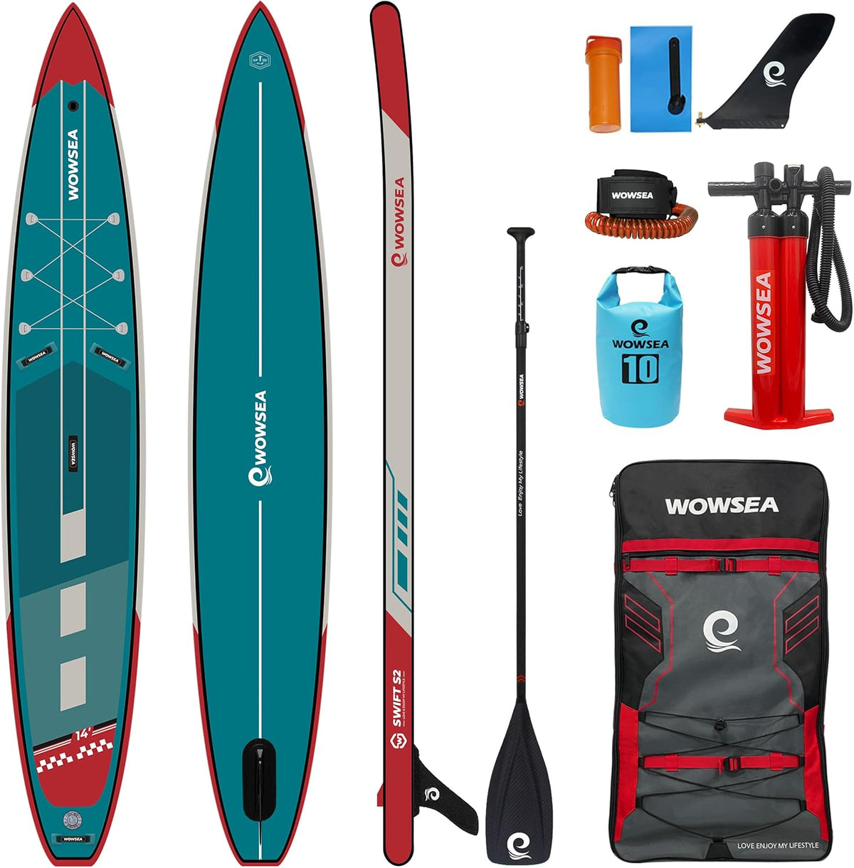 WOWSEA Swift SUP Board - Aufblasbares Stand Up Paddle aus PVC - Für Rennen Reisen und Freizeit - Action Kamera Halterung und stabile Konstruktion Grün