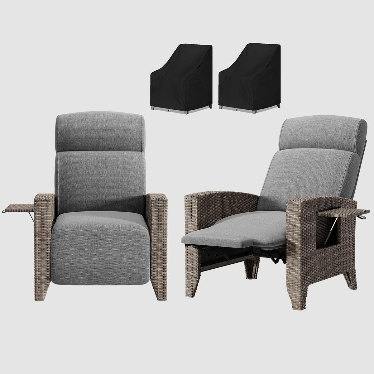 Polyrattan Gartensessel 2er Set mit Liegefunktion - Verstellbare Relaxsessel mit Tisch und Abdeckung - Metall Rattan für Garten Terrasse - Aprikose Grau