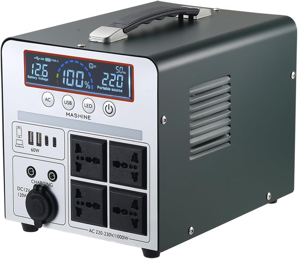 Tragbare Powerstation 1000 Watt 666 Wh - 4 AC Anschlüsse 230 Volt wiederaufladbarer Batteriespeicher - für Camping Wohnmobil Drohnen - Dunkelgrün
