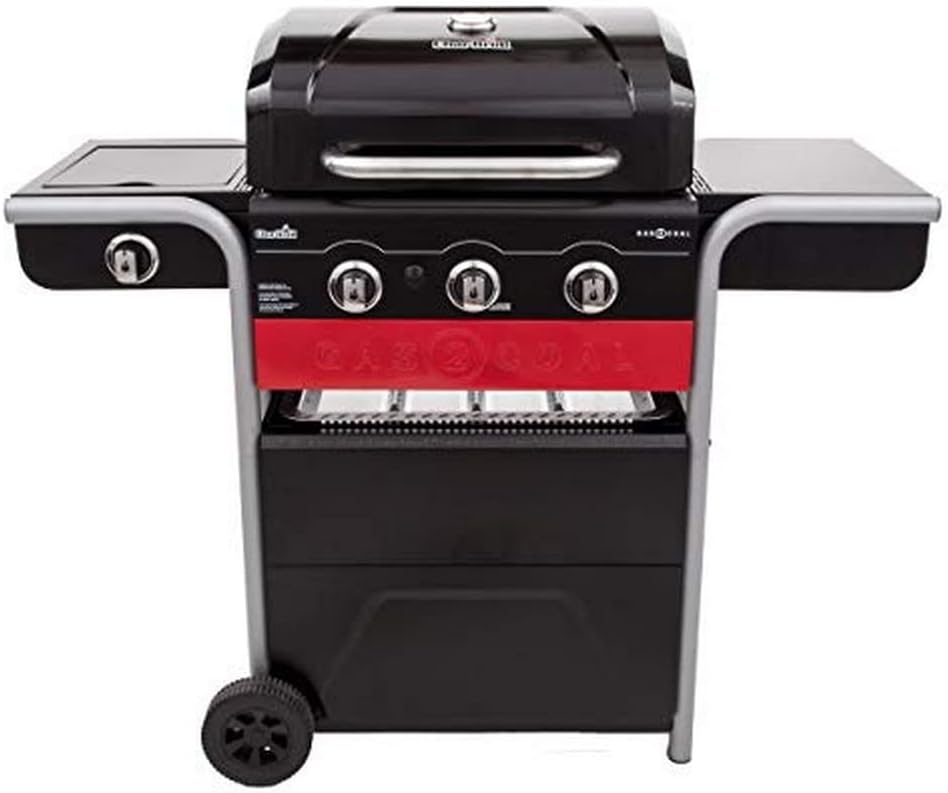 Char Broil Gas2Coal 330 Hybrid Grill - 3 Brenner mit Seitenbrenner - Gas und Holzkohle Grillfunktion - Schwarz für Garten und Terrasse 134,4 x 62,5 x 120,7 cm