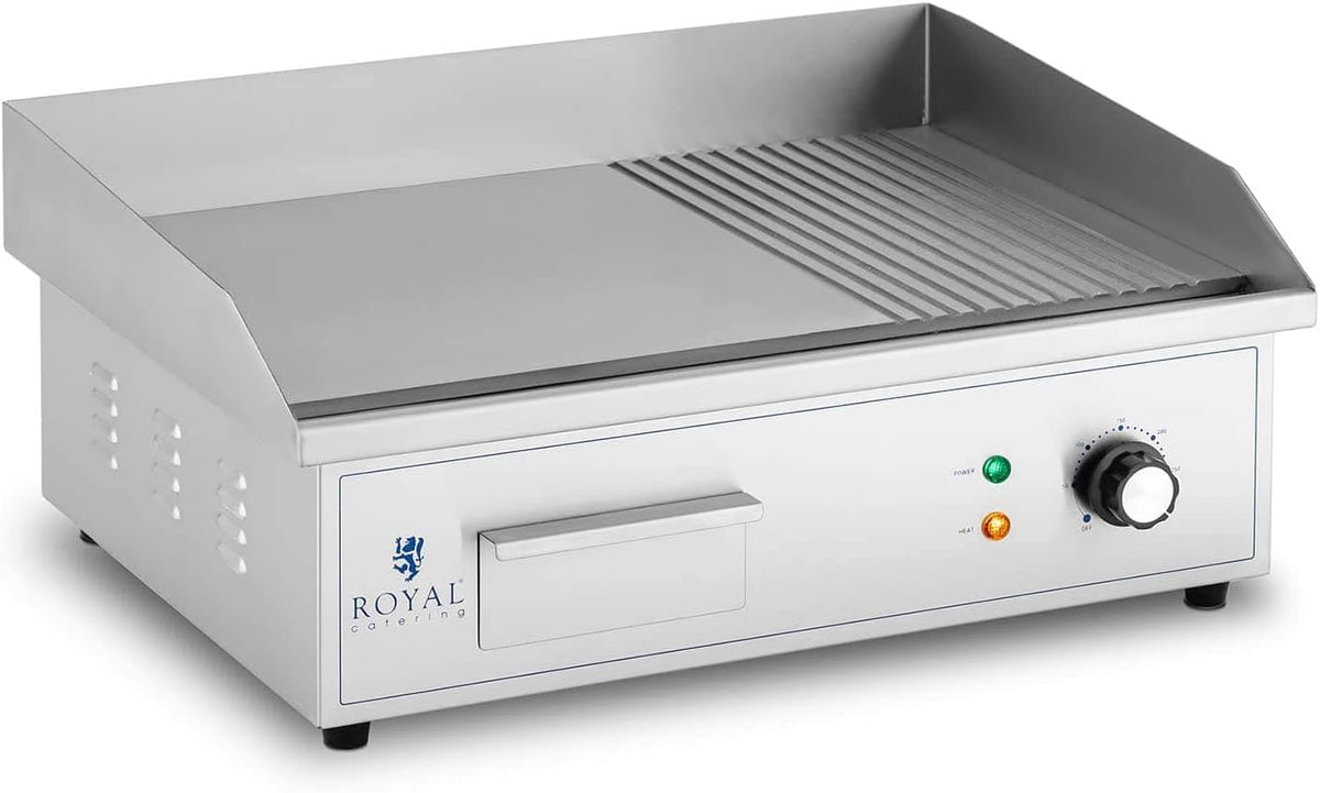 Elektrische Grillplatte 55 x 42 x 24 cm - 3000 Watt Leistung bei 230 Volt - gerippte und glatte Grillfläche - Temperatursteuerung aus Edelstahl