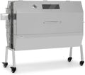 Rotisserie Holzkohlegrill 139 x 57 x 110 cm - motorisierter Drehspieß mit 15 Watt - Edelstahlrost und Sichtfenster - Thermometer und Transportrollen Silber