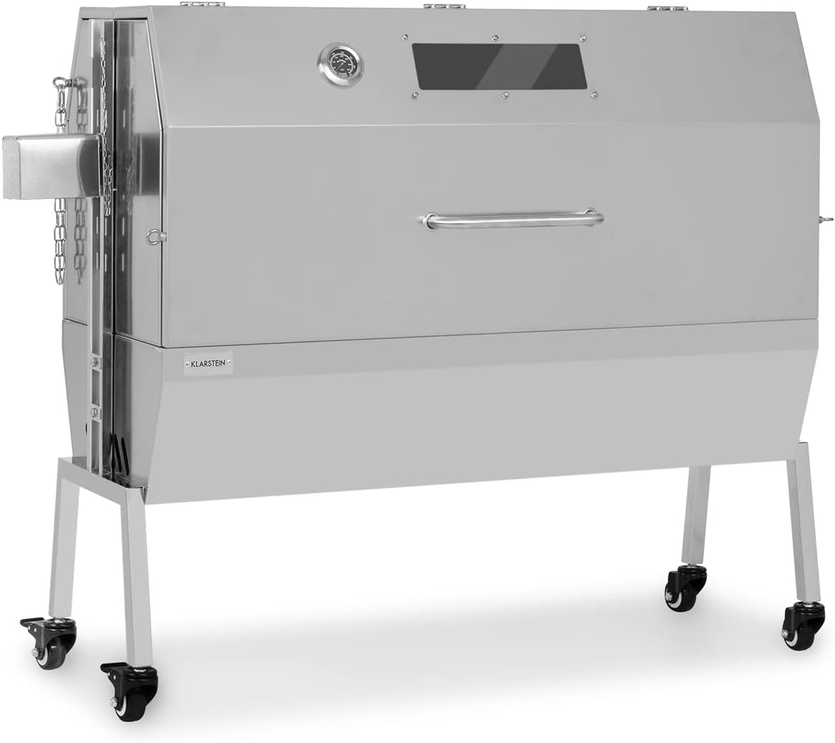 Rotisserie Holzkohlegrill 139 x 57 x 110 cm - motorisierter Drehspieß mit 15 Watt - Edelstahlrost und Sichtfenster - Thermometer und Transportrollen Silber