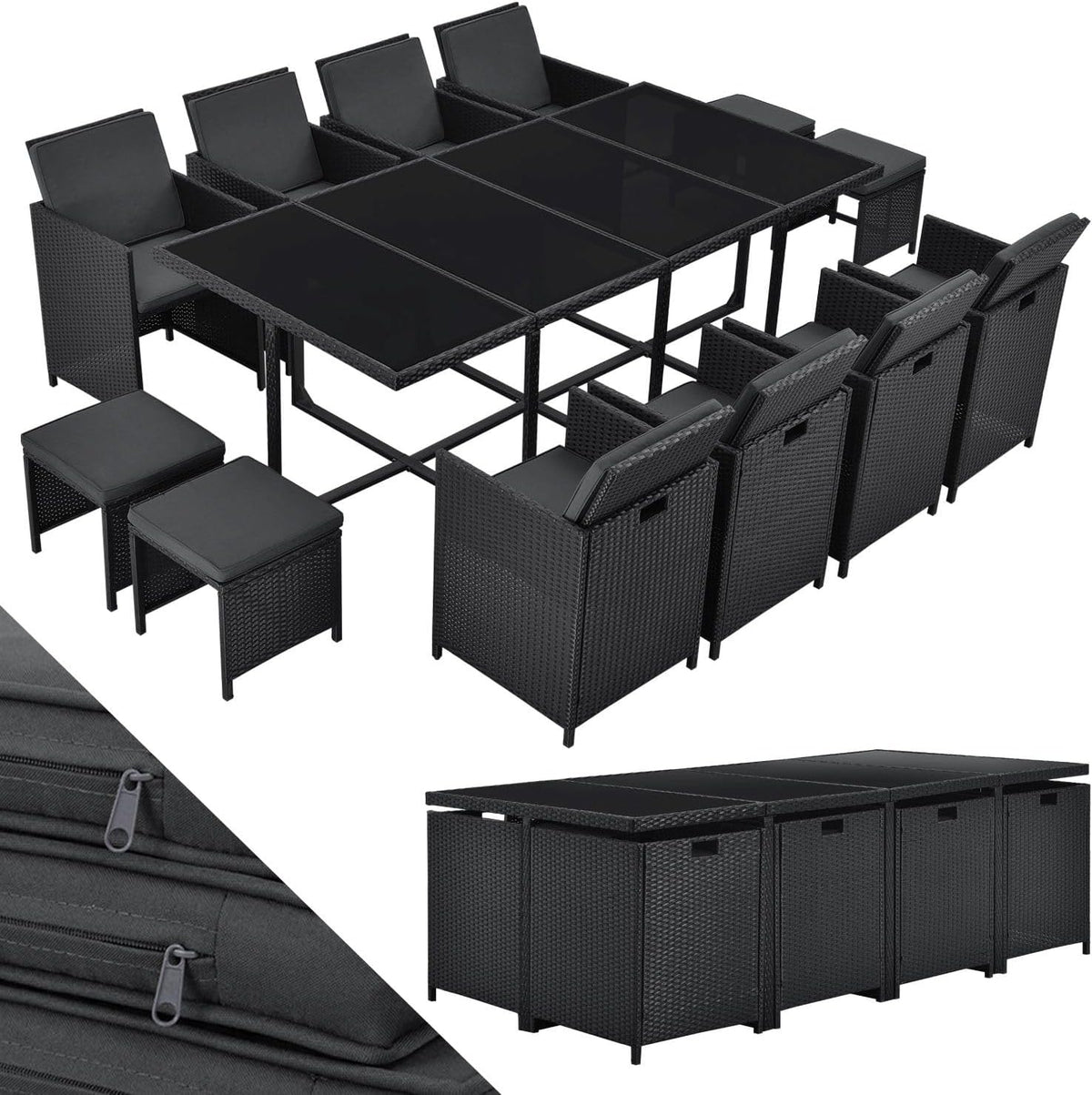 Juskys Baracoa XXL Polyrattan Sitzgruppe 13 teilig - Gartenmöbel Set für 12 Personen mit 8 Stühlen und 4 Hockern - Tisch mit Glasplatte und Kissen - Schwarz