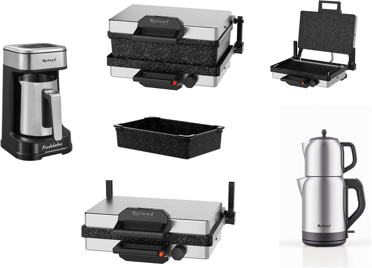 Roland Germany Multigrill Granit 4 in 1 Set 2000 W - Kontaktgrill mit Kasserolle - Teekocher und Mokkamaschine - Edelstahl Küchenset mit Deckel