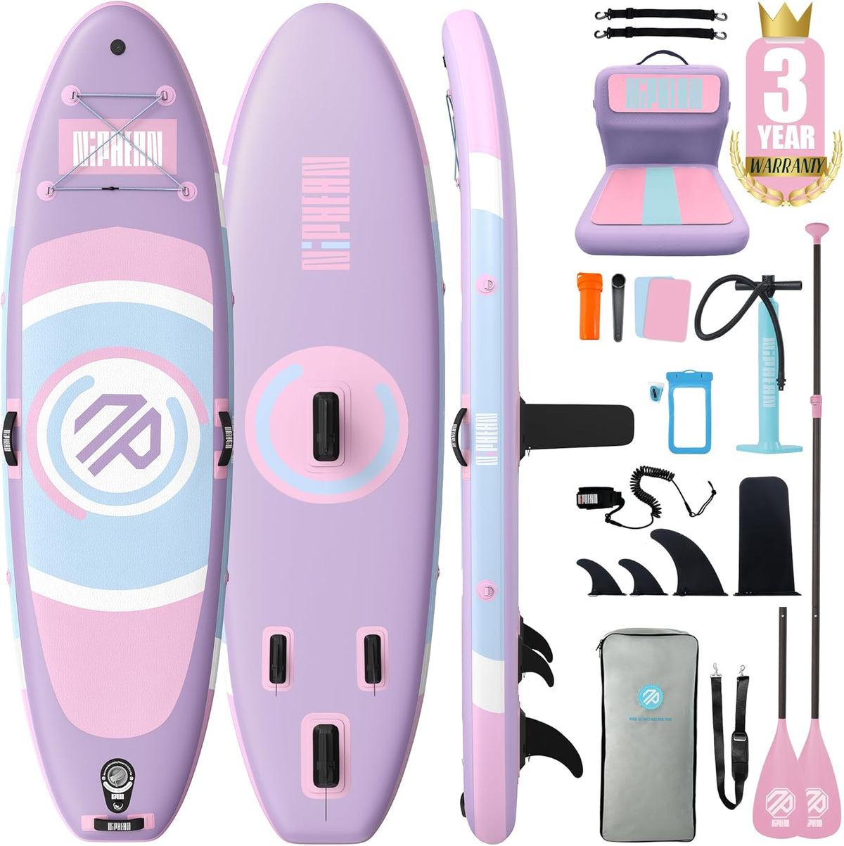 Niphean SUP Board 305 cm - Aufblasbares Paddle Board aus PVC - Balancierflügel und Kajaksitz für Anfänger - Für SUP Yoga Angeln und Surfen Lavender Whispers