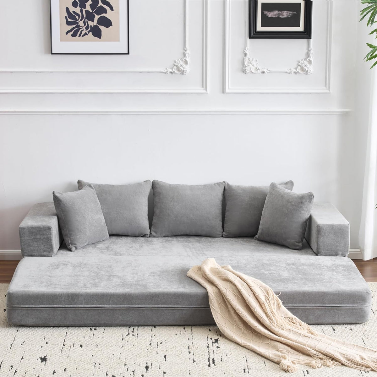EROMMY Schlafsofa 200 x 140 cm - Faltbares Bodensofa mit 5 Kissen - 20 cm dicke Gästematratze - Graue Schlafcouch für bis zu 3 Personen