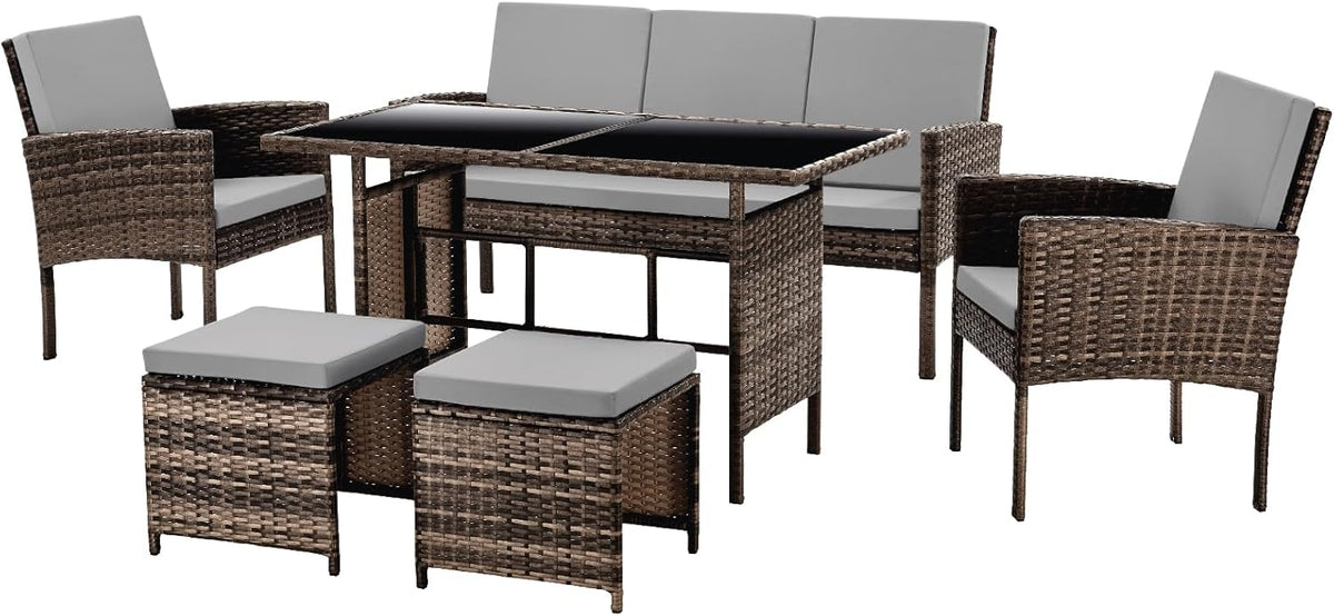 SVITA Denver Polyrattan Gartenmöbel Set - Essgruppe für 7 Personen - Lounge mit Esstisch - Braun moderne Sitzgruppe für Garten Terrasse