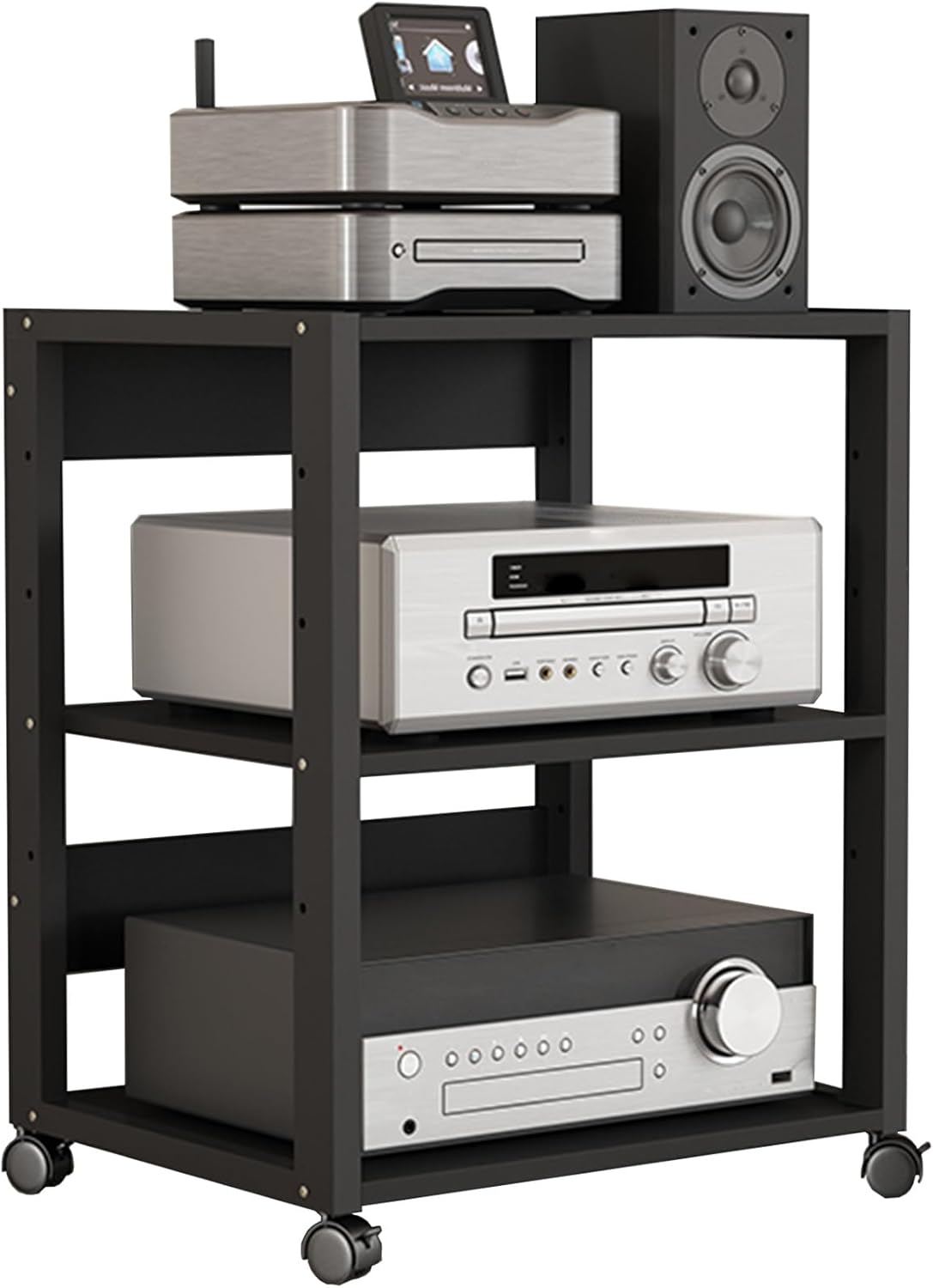YLLFFLL HiFi Rack mit Rollen - 3 bis 4 Ebenen Stereo Komponenten Regal - verstellbarer Einlegeboden für AV Geräte - Heimkino Medienständer