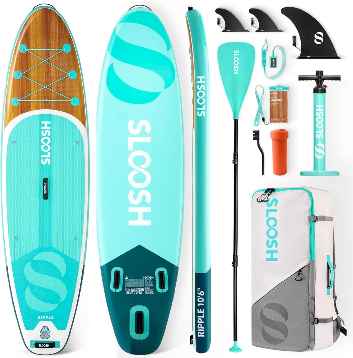 SLOOSH Aufblasbares SUP Board 10.6 Zoll - Stand Up Paddle Board mit Premium Zubehör - Rutschfestes EVA Deck und Pumpe