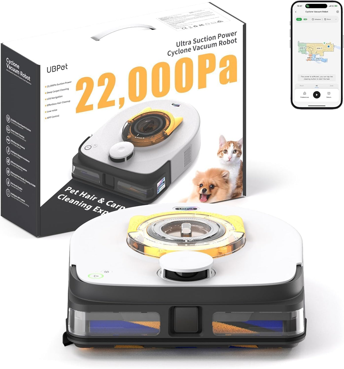 UBPET V10 Saugroboter für Tierhaare - 22000 Pa Saugleistung - LiDAR Navigation und WiFi App Steuerung