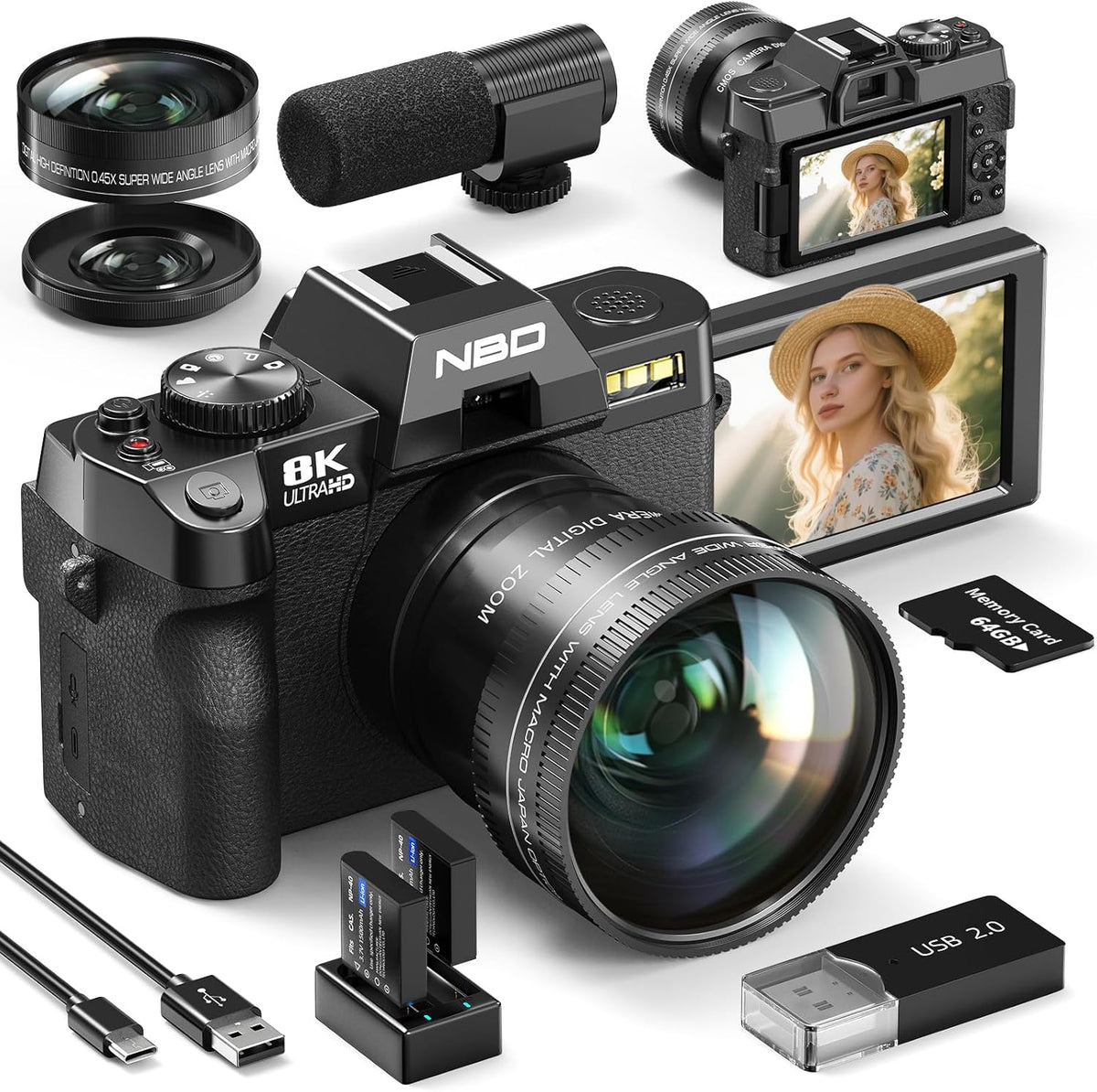 NBD 8K Digitalkamera - 64 MP CMOS Sensor mit Autofokus und 16 fach Zoom - 3 Zoll 180 Grad Klappdisplay mit WiFi - Weitwinkel Makro 2 Akkus 64 GB Schwarz
