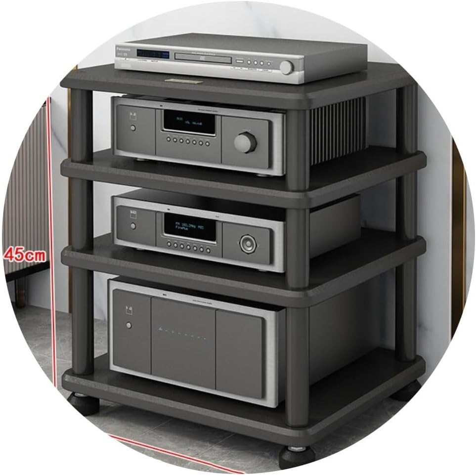MollyYou HiFi Audio Rack 4 Ebenen - MDF Audioschrank für DAC Verstärker und HiFi Komponenten - 40 x 35 x 45 cm - Schwarzes Audio Komponenten Rack